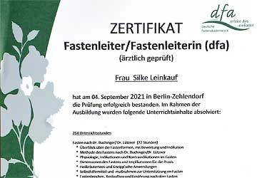 Zertifikat Fastenleiterin Silke Leinkauf